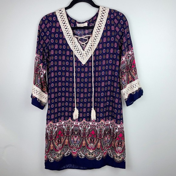 Entro Anthropologie Boho Print Lace Up Tassel Tie Tunic Shift Dress Blue Women S - Picture 1 of 6